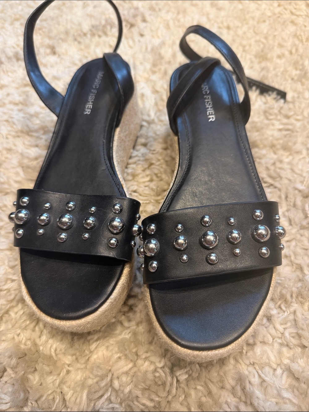 Marc Fisher Black Studded Espadrille Wedges